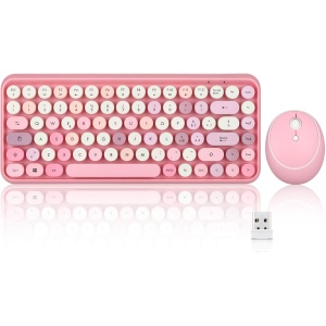 Perixx - PERIDUO-713 - Teclado inalámbrico y ratón, bonito teclado con teclas redondeadas de estilo retro, teclado en italiano, rosa pastel