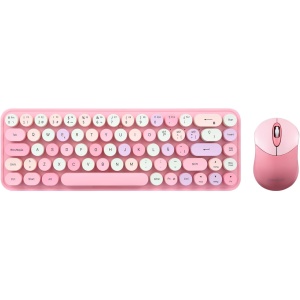 Perixx PERIDUO-802PK ES Set de Ratón y Teclado Inalámbrico Bluetooth Mini - Estilo Retro con Teclas Redondas - Rosa Pastel - Español QWERTY