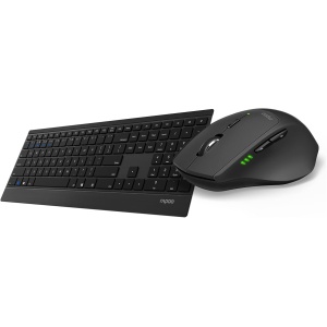 Rapoo | Teclado y ratón inalámbrico con QWERTY portugués (Combo Teclado y ratón con tecnología multimodo Bluetooth y 2.4GHZ, ratón óptico con 1.600 dpi, Teclado Ultrafino) Negro