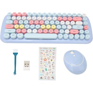 Ratón con Teclado Inalámbrico, Teclado Retro Compacto de 84 Teclas con Teclas Redondas, Teclado Ergonómico USB de 1600 dpi Y 2,4 G, Regalo para Niñas(Color Mezclado Caramelo-Azul Claro)
