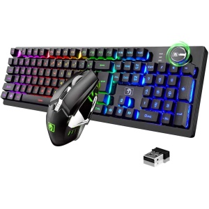 Ratón inalámbrico con Teclado para Juegos, 4800 mAh, Teclado para Juegos Recargable con retroiluminación RGB con Control de Perilla + Mouse retroiluminado con respiración de 7 Colores