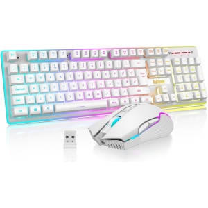 RedThunder Combo de teclado y mouse inalámbrico para juegos K10, batería recargable con retroiluminación LED de 3800 mAh, teclado de sensación mecánica de diseño británico + ratones 7D 3200DPI para PC