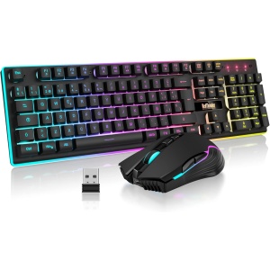 RedThunder K10 Teclado Gaming Mecánico lnalámbrico,Retroiluminación LED,Batería Recargable de 3800 mAh, Anti-ghosting+Ratón 7D 3200DPI,Disposición ES,para PC/PS5/Xbox-Negro