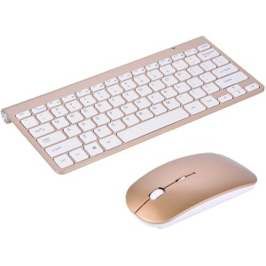 Richer-R Inalámbrica Pack de Teclado Impermeable y Ratón Ergonomía para Apple Macbook PC Win XP / 7/8/ USB.Keyboard y Mouse Pequeño y Liviano(2,4 GHz,ABS)(Oro)