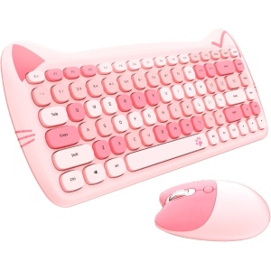 Sxhlseller 84 Teclas Lindo Teclado Lindo Gato Teclado y Ratón Combo 2.4G Inalámbrico para Niños y Niñas, Teclado Colorido Ratón, Compatible con Computadora Portátil PC