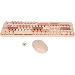 Teclado inalámbrico Ratón 104 teclas Ergonómico Punk Redondo Teclado USB Ratón Inalámbrico Tapas de teclas extraíbles (color dulce té con leche color mezclado)