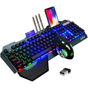 Teclado y ratón inalámbricos para juegos,ratón recargable con retroiluminación arco iris con panel de metal de batería de 3800 mAh, teclado mecánico extraíble y ratón de silencio para juegos