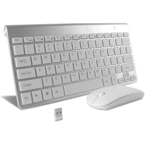 Thanice Combo de teclado y mouse inalámbricos de 2.4 G, teclado inalámbrico portátil delgado USB con clic silencioso, compatible con iMac, Mac, PC, laptop, Smart TV, PS4 (plateado)