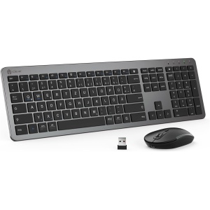 iClever GK08 - Teclado y ratón inalámbricos (2,4 G, ultrafino, recargable, para PC, escritorio, portátil, Windows Mac OS, QWERTZ, negro y gris)