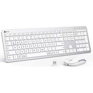 iClever - Juego de teclado inalámbrico (teclado inalámbrico recargable, diseño alemán QWERTZ, 2,4 GHz, teclado inalámbrico para PC, ordenador portátil, Smart TV, color blanco y plateado)