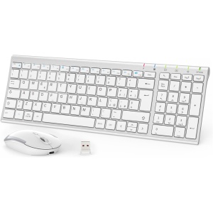 iClever Teclado y ratón inalámbrico portátil 2.4G, recargable teclado inalámbrico USB, silencioso teclado ergonómico diseño tamaño regular delgado conexión estable DPI ajustable