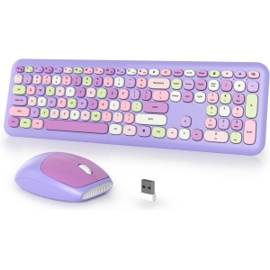 iTastatur Combo de teclado inalámbrico y mouse para máquina de escribir, teclado punk retro de 2.4 G, 104 teclas, de tamaño completo, bonito teclado morado con teclas redondas para computadoras