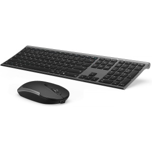 seenda Teclado inalámbrico con ratón, juego de ratón recargable inalámbrico para ordenador/portátil, clic silencioso, tamaño completo y diseño QWERTZ (negro y gris)
