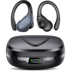 Auriculares Inalambricos, Auriculares Bluetooth 5.3 Deportivos con Gancho de la Oreja, 60H de Reproducción, Pantalla LED, Llamada ENC HD, Profundamente Bajo, Ajuste Cómodo, IPX7 Impermeable(Negro).