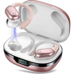 Auriculares Inalambricos, Auriculares Bluetooth 5.3 con Gancho de la Oreja, 60H de Reproducción, Pantalla LED, Llamada ENC HD, Profundamente Bajo, Ajuste Cómodo, IPX7 Impermeable(Oro Rosa)