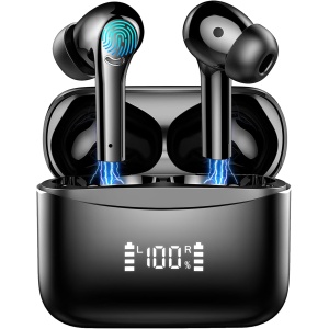 Auriculares Inalámbricos, Bluetooth 5.3 HiFi Estéreo con 4 HD Micró, Cascos ENC Cancelación de Ruido Reproducción de 42H, Pantalla LED Control Táctil, IPX7 Impermeable Negros
