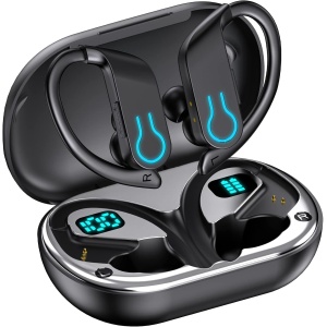 Mosyxe Auriculares inalambricos Deportivos, 2024 Auriculares Bluetooth 5.3 con HiFi Estéreo, HD Micrófono, 120H Cascos Inalambricos con Pantalla LED, IPX7 Impermeable Auriculares para Sport/Running